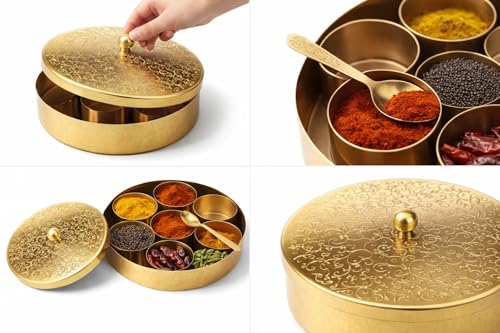 Image of Handcrafted Masala Box with Spoon | 7-Container Spice Box (40 ml Each) | 7 Inch Masala Dabba for Kitchen Storage | Traditional Masala Petti Spice Container Set | Iron