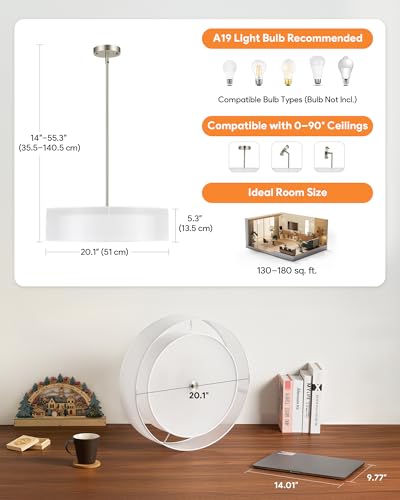 Image of VONLUCE 20 inch Drum Chandelier, 3-Light White Fabric Pendant Light Fixture