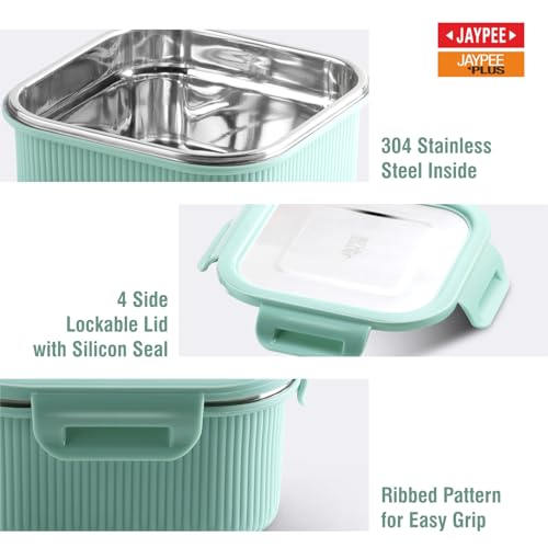 Image of Jaypee Plus Ultima Micro Seal Microwave Safe Air Tight Food Storage Container 800 ml Inner Stainless Steel Rib Design Spillproof Lunch Box for School, Office, Ideal for Snacks and Meal, Green
