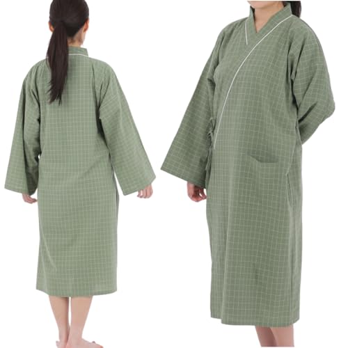【現役介護士と考えた】 ゆったり 前開き パジャマ 楽々着脱 全開フルオープン式 綿100% 丈短め 入院 介護 高齢者 男女兼用 浴衣風 寝巻き (JP, アルファベット, L, グリーン(女性Lサイズ))