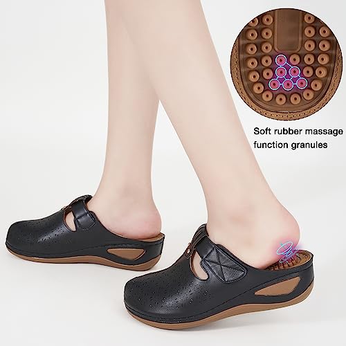 Alicegana Womens Mules Comfortable Summer Closed Toe Sandals Casual Lightweight Slip On Wedge Shoes Adjustable Hook Loop Black #TOP4