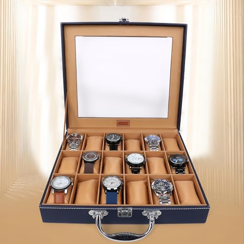 LEDO Luxury Watch Box Organizer with 18 Slots, PU Leather Case, Transparent Display, Blue and Cream Interior, Metal Clasp Lock, Rectangular, Modern Classic Style