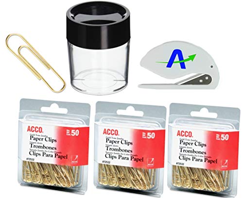 ACCO Brands Value Pack of 150 Gold Tone Jumbo Paper Clips, Smooth Finish, Steel Wire, 20 Sheet Capacity, 3 Boxes, 50 Clips per Box (A7072532) Plus Magnetic Clip Dispenser and Bonus Letter Opener
