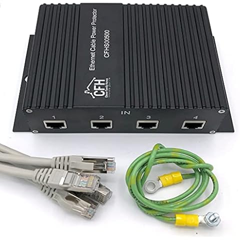 Ethernet 4-Port Gigabit (Non-POE) Surge Protector Kit with 4 CAT 6a Jumper Cables and Ground Wire Cover