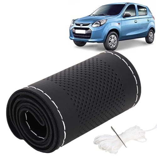 Image of KINGSWAY PU Leatherite Car Steering Cover Sewable Compatible with Maruti Suzuki Alto 800 (Year 2012 Onwards), Black Color with Silver Thread, Pack of 1 with Sewing Needle and Thread