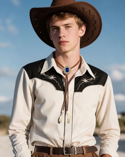 Image of PEARLY JUN Bolo Tie for Men Women Rhinestone Cowboy Brown Country Style Handmade Leather String Rodeo Festive Days Gifts