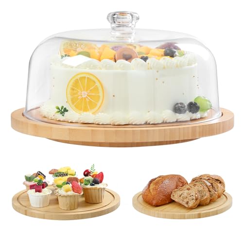 Tortenständer, Ohuhu Bambus 2-in-1 Tortenplatte mit Deckel, Tortenplatte Drehbar Kuchenplatte mit 3 Abnehmbare Stützen und Tortenglocke Acryl für Backen Dekorativ Party, Geschenke für Weihnachten