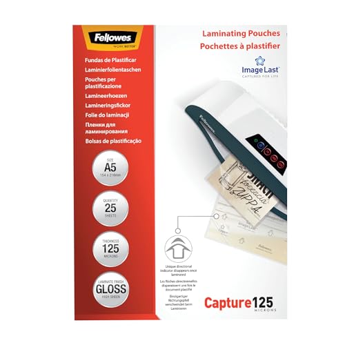 Fellowes Pochette Plastifieuse A5 125 Microns 25 Feuilles Plastifieuse A5 Technologie ImageLast Finition Brillante Aspect Haute Qualité Notices Photos Affiches Loisirs Créatifs Capture 125