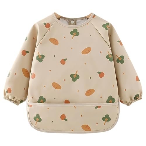 DiiWmme Bavoir Bébé Anti Désordre à Manches Longues Imperméable en PU et Lavable, Bavoir de Sevrage Doux pour Bébé 0 à 24 Mois, 1 Pièce, Design Mignon à Motifs Cartoon (Marron)