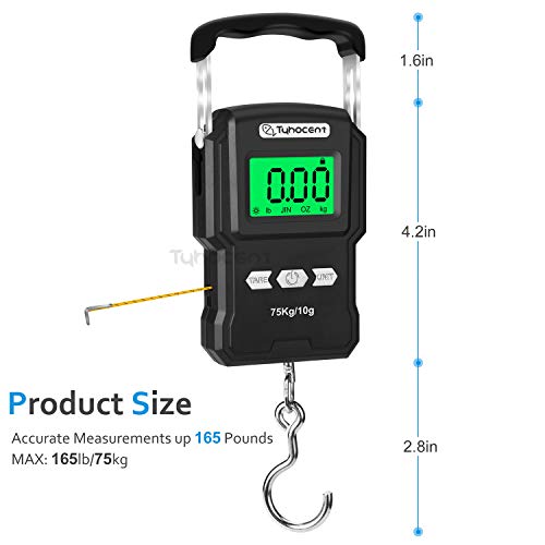 Tyhocent Fishing Scale 165lb/75kg Backlit LCD Screen Portable Electronic Balance Digital Fish Hook Hanging Scale with Measuring Tape Ruler, Carry Bag and Battery Included for Fishing Postal Kitchen