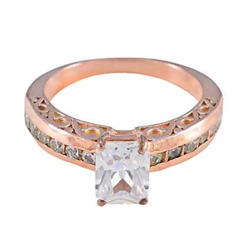 Bague octogonale en argent 925 plaqué or rose et oxydes de zirconium blancs pour femme