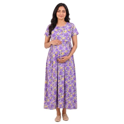 Image of Zero Clothing Feeding Dress for New Moms Casual Loungewear Ankle Length | Cotton Maternity Nighty | Zipless Feeding Dresses for Women | Pregnancy & Nursing Wear