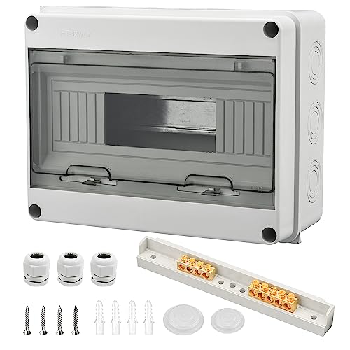 Zekeringkast, opbouw, 1 rij, IP65, opbouwverdeeldoos met 12 modules, opbouwverdeler, met messing klemmen, voor tuin of buiten, villa's, laadzuilen