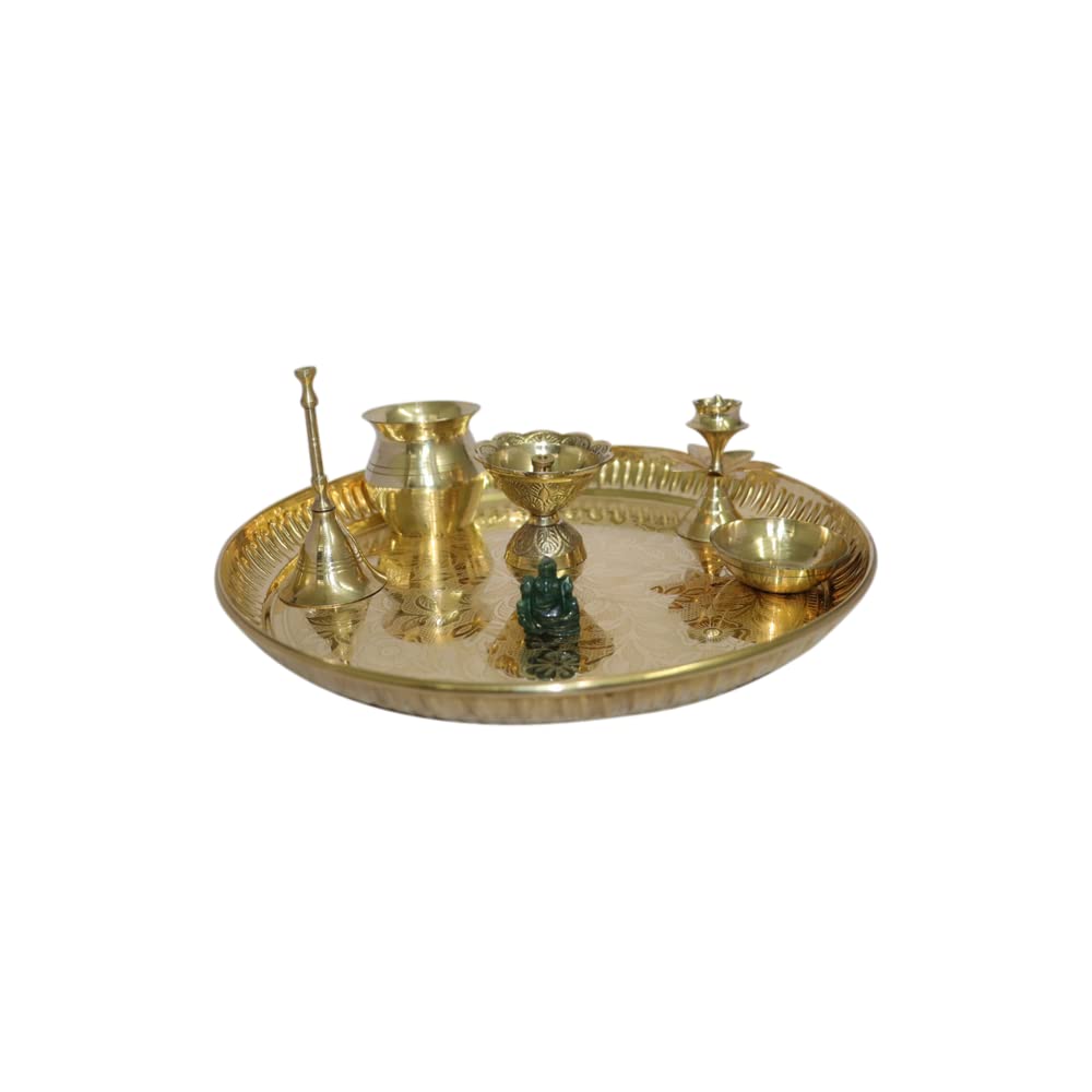 Pooja Thali Set mit 5 indischen dekorativen Puja-Artikeln, Aarti-Teller für Tempel, Hochzeit, Heimdekoration, Mandir, Messing, Tika Thali, Diwali, Dekorationsgeschenke