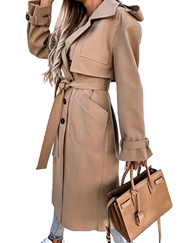 Fisoew Women's Khaki Belted Double Breasted Long Trench Coat – Small Size Windproof Overcoat - Image 3