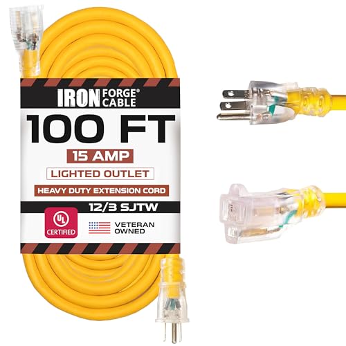 IRON FORGE CABLE 100 Foot Outdoor Extension Cord - 12/3 SJTW Heavy Duty Yellow 3 Prong Extension Cable, 15 AMP - Great for Garden and Major Appliances