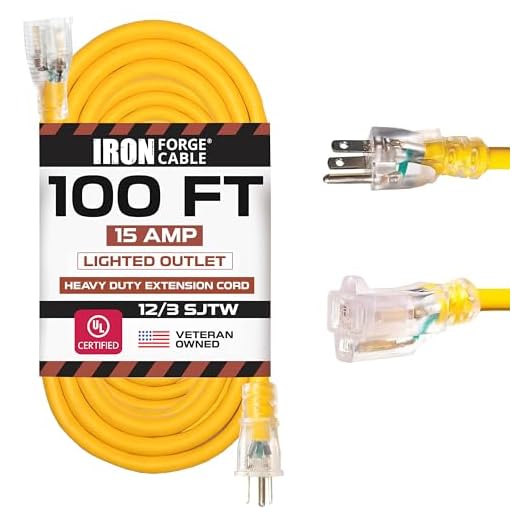 IRON FORGE CABLE 100 Foot Outdoor Extension Cord - 12/3 SJTW Heavy Duty Yellow 3 Prong Extension Cable, 15 AMP - Great for Garden and Major Appliances