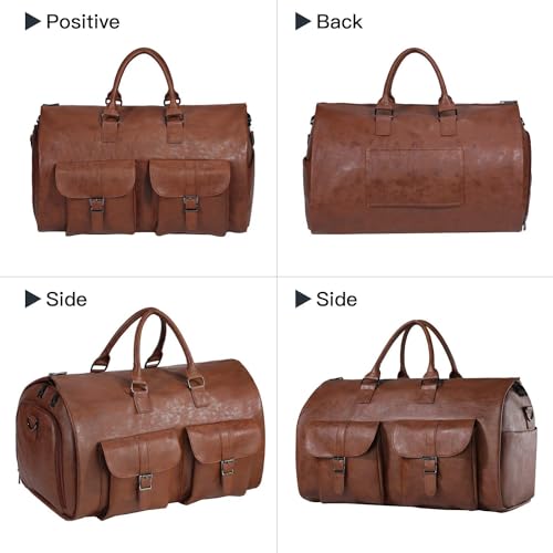 Image of Bayne Convertible Large Size Garment Duffel Bag for Travel, Carry on Garment Duffel Bag for Men and Women - 2 in 1 Hanging Suitcase Suit Travel Bag (Faux Leather, Brown)