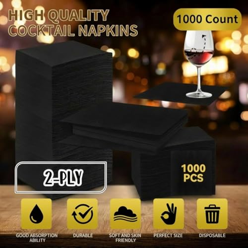 Image of Henoyso 1000 Pack 2 Ply 9.8 x 9.8 Inch Black Cocktail Napkins Bulk