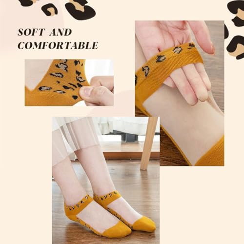 Image of Women Sheer Mesh Ankle Socks Thin Nylon Transparent Novelty Leopard Sock 5 Pack for Girls