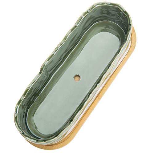MyGift 11-Inch Glazed Ceramic Succulent Planter Pot with Bamboo Tray and Rough Edge Design, White/Green - Image 4