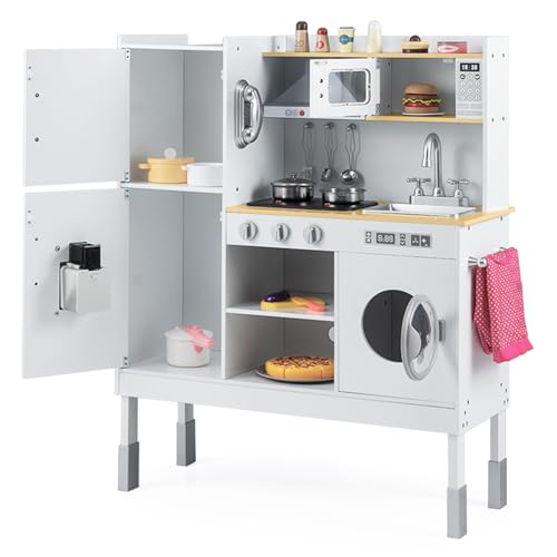 GOPLUS Cocina de Juguete con Efectos Luminosos y Sonidoss, Cocinita Infantil con Altura Ajustable, Cocinita de Madera Infantil con 16 Accesorios, Cubitos de Hielo, para Niños de 3+ Años (Blanco)