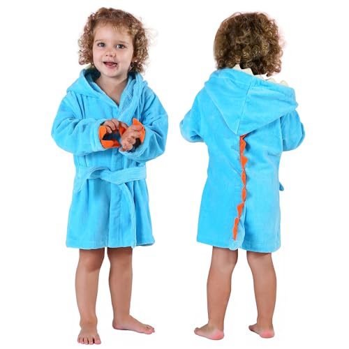 MICHLEY Girls Boys Robe Cotton Towel Kids Animal Dinosaur Style Hooded Bathrobe, Blue, Large / 3-5 Years