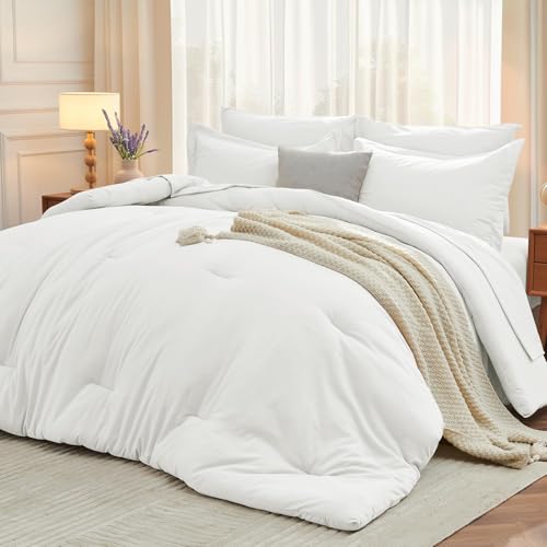 Image of MUXHOMO 7 Pieces King Comforter Set, Soft Bed in a Bag King Size, All Season Bedding Set with Comforter, Flat Sheet, Fitted Sheet, Pillowcases & Shams, White