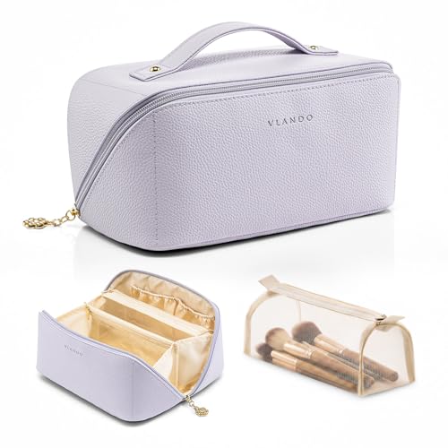 Trousse de maquillage de voyage en cuir PU Vlando au design raffiné violet