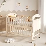 VIVCA Mehrfunktionales naturholzfarbenes Holz-Babynetzbett: mit Wickeltisch, klappbarem Ablagerack, verlängerbar, als Nebenbett nutzbar, ohne Matratze, 124x70x96cm (um 40cm verlängerbar)