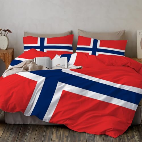Blu Set Copripiumino 2 Pezzi, Bandiera Norvegese Stampato, Popoli Nordici Biancheria da Letto in Microfibra per Decorare la Camera da Letto, 135 x 200 cm