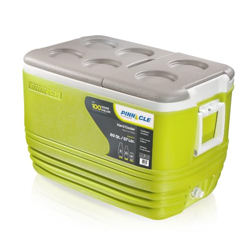 Image of Pinnacle Eskimo 57L Large Chiller Ice Box| Fits 80 cans| Holds Ice Upto 100 hrs| Insulated Portable Cooler IceBox with Two-Way Open Lid, Drain Tap, Drink Holder| Perfect for Car Travel,Sport (Lime)