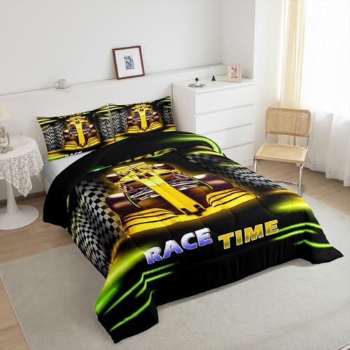 Image of Feelyou Kids Race Car Bedding Set King Size, Yellow Ombre Comforter Set Boys Girls Racing Speedy Car Duvet Insert Teens Bedroom Decor Bed Set 3Pcs