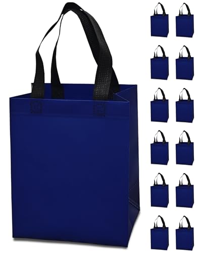 REUGBEXPT 12 Navy Blue Gift Bags - Sturdy Reusable Medium 8x5x10 with Handles Non-Woven for Weddings Fathers Day Parties Birthdays & Graduations