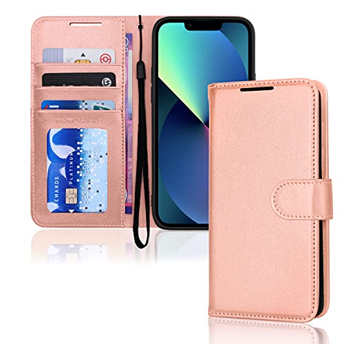 TECHGEAR Cover iPhone 13 - Custodia Portafoglio in Pelle Sintetica con TPU Antiurto, Funzione di Supporto con Slot per Schede e Cinturino da Polso per iPhone 13 (6,1 Pollici 2021
