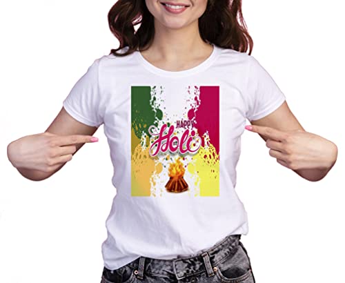 Image of MUKESH HANDICRAFTS Knitted Polycotton Fabric Regular Fit Girl Women Half Sleeve T-Shirt for Festival of Holi Style 27 White Size : Free