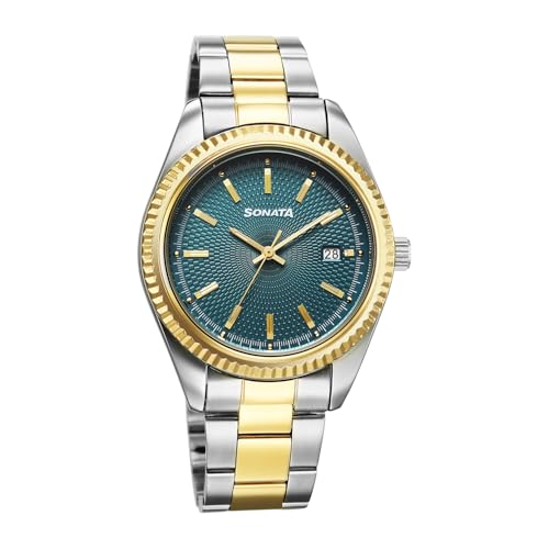Image of Sonata Festive 2.0 Quartz Teal Round Dial Men's Watch | Stainless Steel Strap Material | Watches for Men Analog - 77198BM01