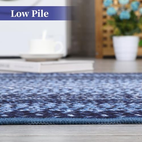 GAOMON Braided Rug 6x9 Washable Rug Braided Print Accent Rug Vintage Living Room Rug Low Pile Non Slip Indoor Carpet Non-Shedding Aesthetic Foldable Rug for Bedroom Farmhouse Office Nursery Navy