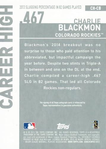 2015 Topps Career High Autographs #CH-CB Charlie Blackmon Certified Autograph Baseball Card