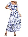 Picture of MakeMeChic Women's Floral Print Layered Short Sleeve Square Neck Ruffle High Waist A Line Summer Long Dress Blue and White S