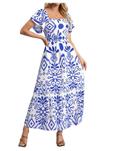 MakeMeChic Women's Floral Print Layered Short Sleeve Square Neck Ruffle High Waist A Line Summer Long Dress