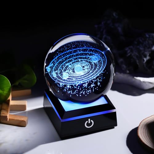 Image of Arikyrist 3D Solar System Crystal Ball 80mm with Light Base, Laser Engraved Space Universe Astronomy Gifts for Women Men Teens Boys and Girls, Glass Planet Solar System Model Sphere Night Light Decor