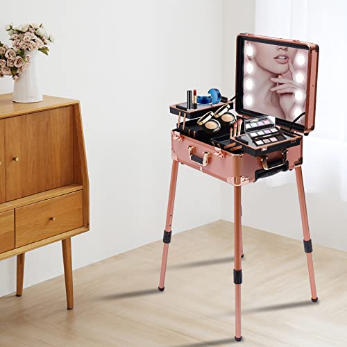 Maletín de maquillaje con ruedas con iluminación y espejo, patas ajustables, estación profesional para cosméticos, Rosa. - imagen 9