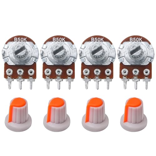 Image of Electronic Spices 50k 6 Pin Round Shaft Dual Gang Rotary Potentiometer Volume Pot 50K with Knob for Multiple Applications (Pack of 4)