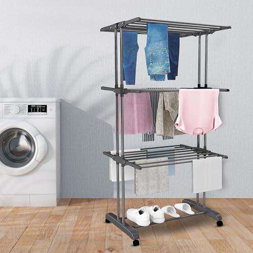 Vonia 3-stöckiger klappbarer Wäscheständer – 12 m Wäscheständer für drinnen und draußen | 72 x 50 x 172 cm Wäscheständer mit 3 Ebenen | Robustes, leichtes Design für Handtücher, Kleidung und Wäsche