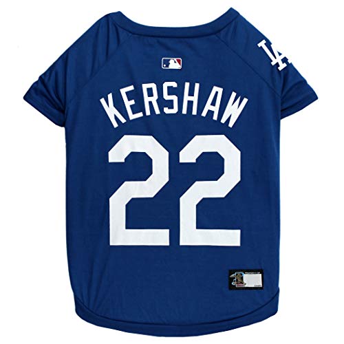 Image of MLBPA Clayton Kershaw #22 TEE Shirt for Dogs & Cats. MLB Los Angeles Dodgers Dog T-Shirt, X-Small | Sports Dress for Pets | Licensed Sporty Dog Shirt.