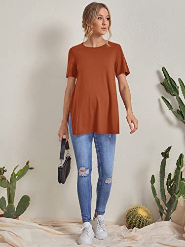 Oyoangle Women's Maternity Shirts Split Hem Short Sleeve Loose Tunic Tops Tee Casual Pregnancy Clothes Burnt Orange L #TOP4
