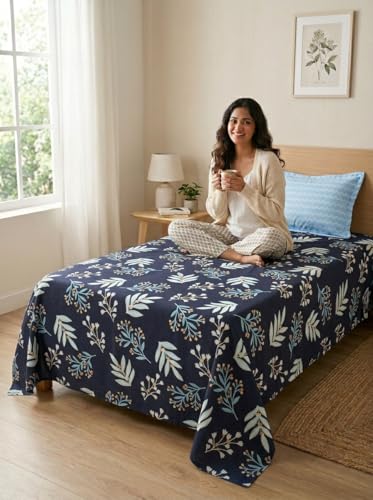 Image of Mafatlal Luxe Printed Single Bed Sheet | Elegant Design | Comfortable Cotton Blend Fabric with 1 Pillow Cover |120 GSM | 60x90 Inch (Dark Blue) | Soft, Durable, Ideal for Bedroom Decoration