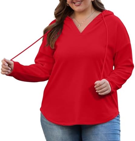 OLRIK Women's Plus Size V-Neck Hoodie Oversized Sweatshirt Bright Red-6X — view 3