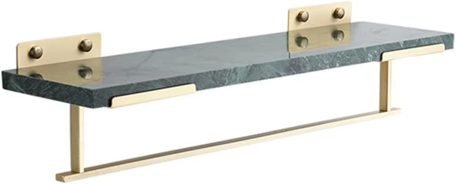 Nordic Light Brass Brushed Bathroom Shelf Rack with Green Marble Shelves and Towel Rod Wall Mounted Shower Caddy Floating Shelves for Shampoo and Cosmetics Organization(Green Marble 50cm With Rod)